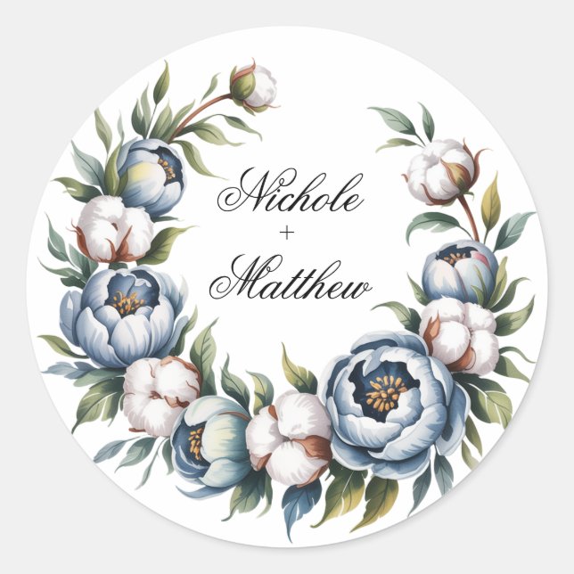 Dusty Blue and Cotton Wedding Runder Aufkleber (Vorderseite)