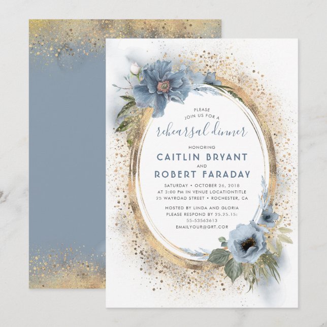Dusty Blue and Gold Floral Chic Probe Dinner Einladung (Vorne/Hinten)