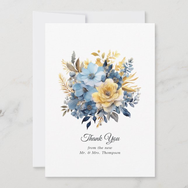 Dusty Blue and Gold Floral Wedding Dankeskarte (Vorderseite)