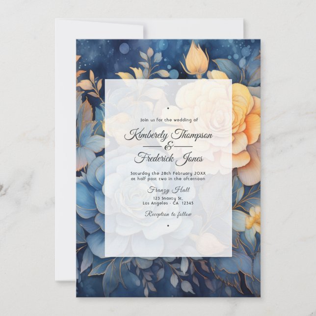 Dusty Blue and Gold Floral Wedding Einladung (Vorderseite)