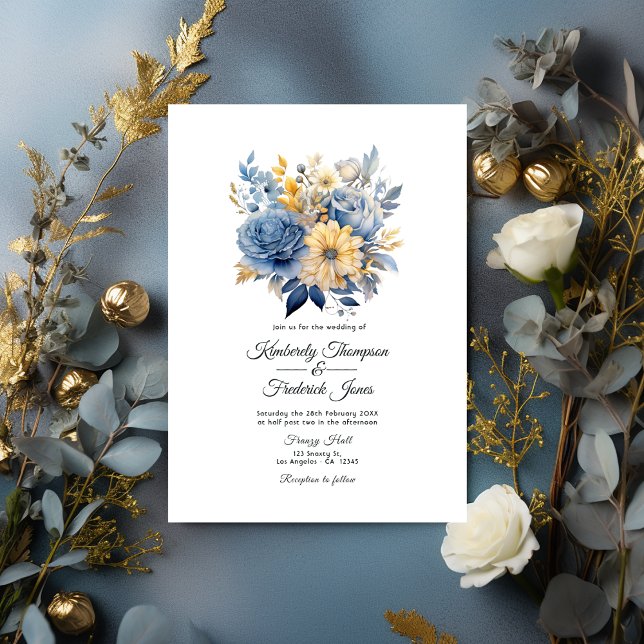 Dusty Blue and Gold Floral Wedding Einladung (Dusty Blue and Gold Floral Wedding Invitation)