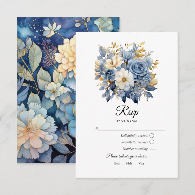Dusty Blue and Gold Floral Wedding RSVP Karte (Vorne/Hinten)