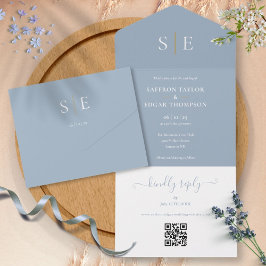 Dusty Blue and Gold Monogram QR Code Wedding All In One Einladung