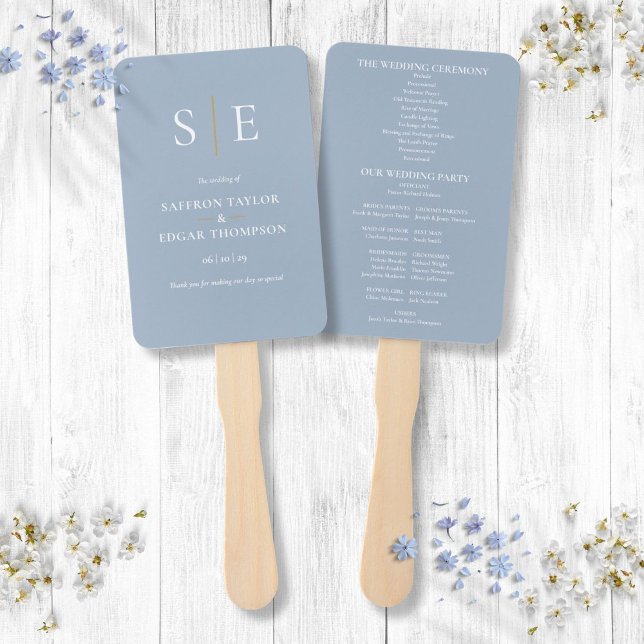 Dusty Blue and Gold Monogram Wedding Program Fächer (Dusty Blue And Gold Monogram Wedding Program Hand Fan)
