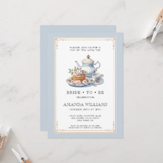 Dusty Blue and Gold Tea Party Bridal Shower Einladung