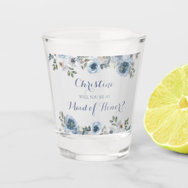Dusty Blue and Gray Floral Botanical Wedding Schnapsglas (Vorderseite)