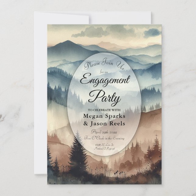 Dusty Blue and Mocha Brown Mountains Engagement Einladung (Vorderseite)