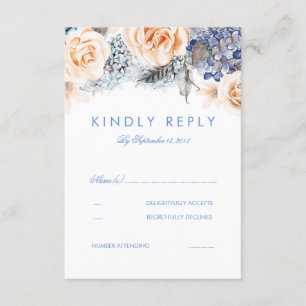 Dusty Blue and Peach Floral Wedding RSVP Card Karte