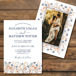 Dusty Blue and Peach Wildblumen Foto Wedding Einladung