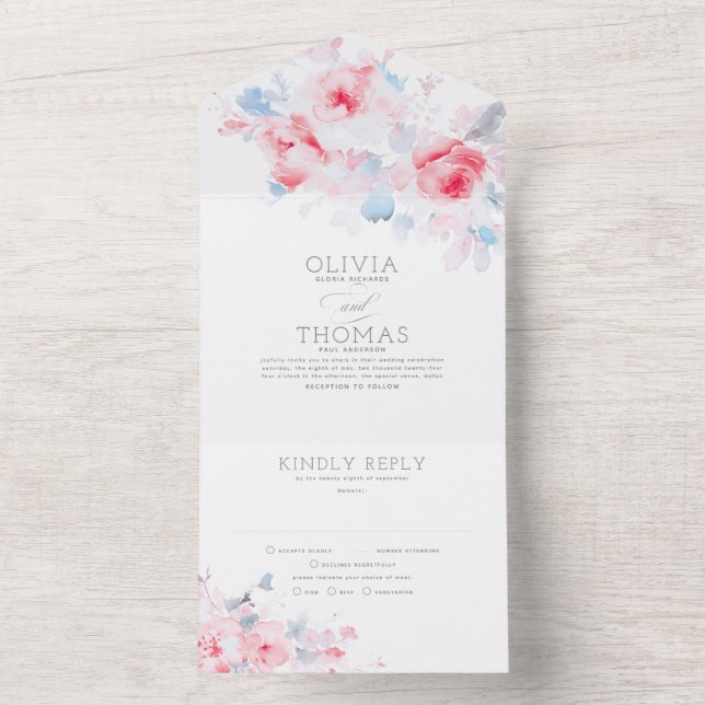 Dusty Blue and Pink Elegante Blumenhochzeit All In One Einladung (Innen Boden)