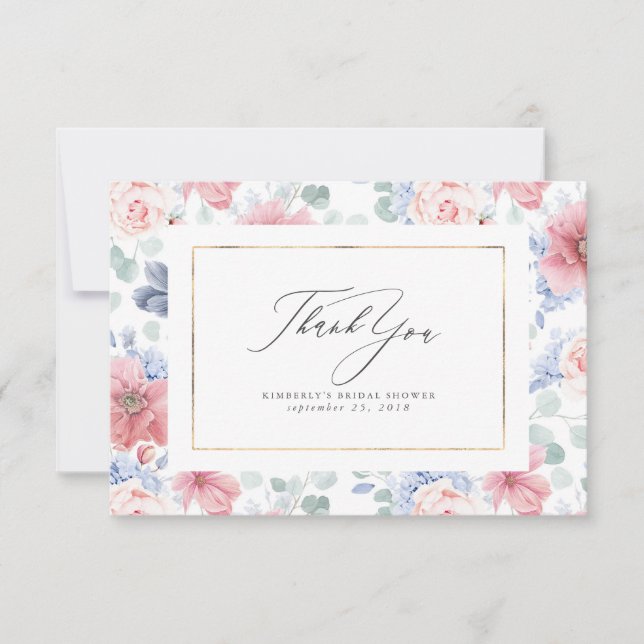 Dusty Blue and Pink Floral Elegant Kleiner Dank Dankeskarte (Vorderseite)
