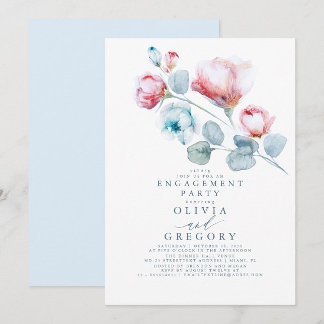 Dusty Blue and Pink Floral Engagement Party Einladung (Vorne/Hinten)
