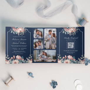 Dusty Blue and Pink Floral Navy QR Code Hochzeit Dreifach Gefaltete Einladung