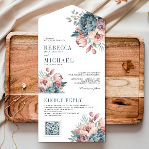 Dusty Blue and Pink Floral QR Code Wedding All In One Einladung