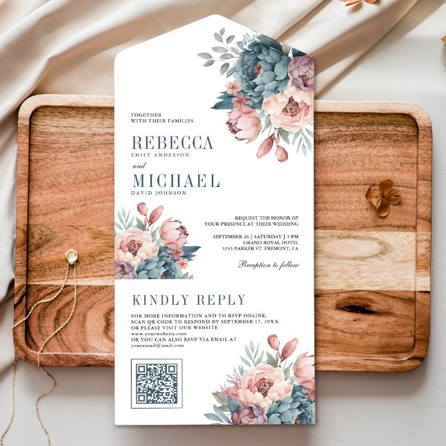 Dusty Blue and Pink Floral QR Code Wedding All In One Einladung (Von Creator hochgeladen)