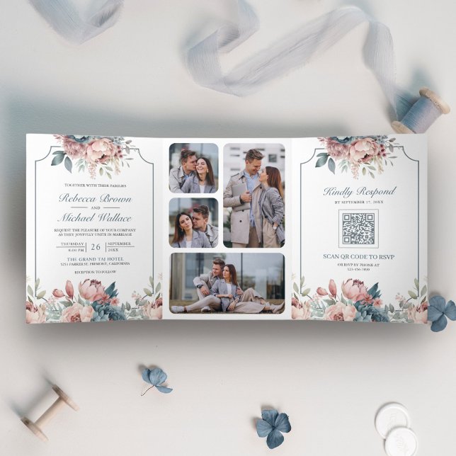 Dusty Blue and Pink Floral QR Code Wedding Dreifach Gefaltete Einladung (Von Creator hochgeladen)