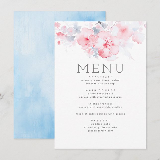 Dusty Blue and Pink Floral Themed Menu Menükarte (Vorne/Hinten)