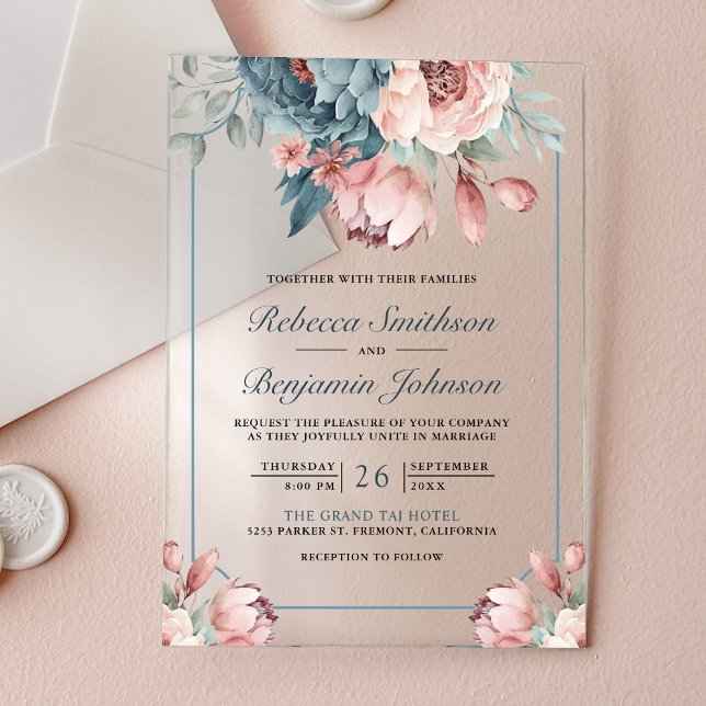 Dusty Blue and Pink Floral Wedding Acryleinladungen (Von Creator hochgeladen)