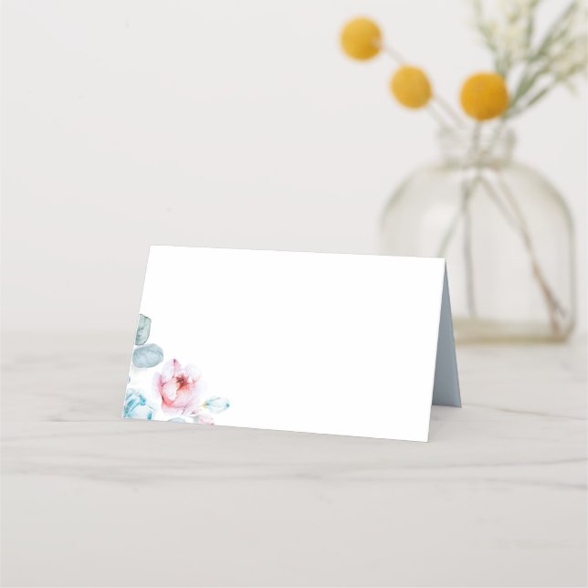 Dusty Blue and Pink Floral Wedding Platzkarte (Vorderseite)