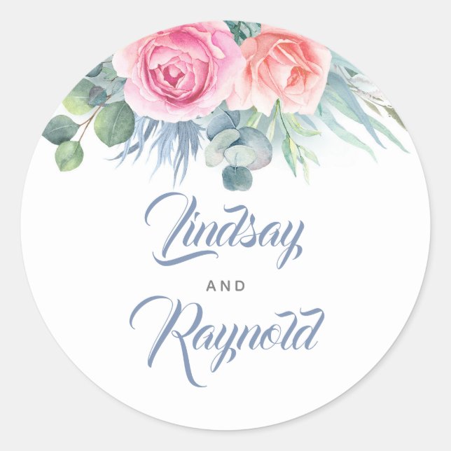 Dusty Blue and Pink Floral Wedding Siegel Runder Aufkleber (Vorderseite)