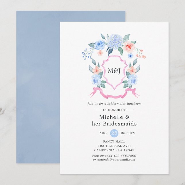 Dusty Blue and Pink Wappen Bridesmaids Luncheon Einladung (Vorne/Hinten)