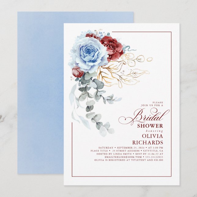 Dusty Blue and Red Floral Botanic Bridal Shower Einladung (Vorne/Hinten)