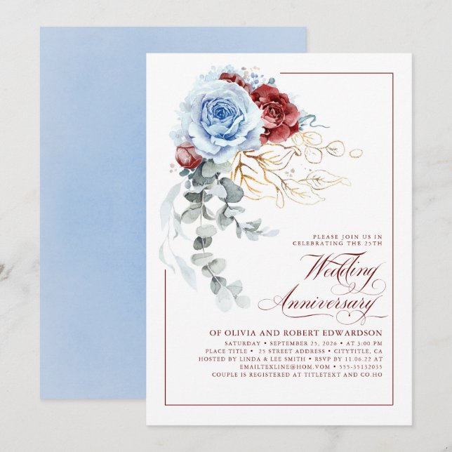 Dusty Blue and Red Floral Wedding Anniversary Einladung (Vorne/Hinten)