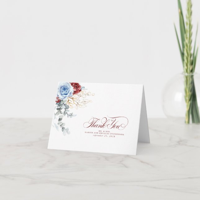 Dusty Blue and Red Flowers Boho Thank You Dankeskarte (Vorderseite)