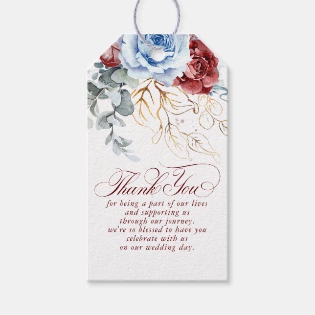 Dusty Blue and Red Flowers Boho Thank You Geschenkanhänger (Vorderseite)