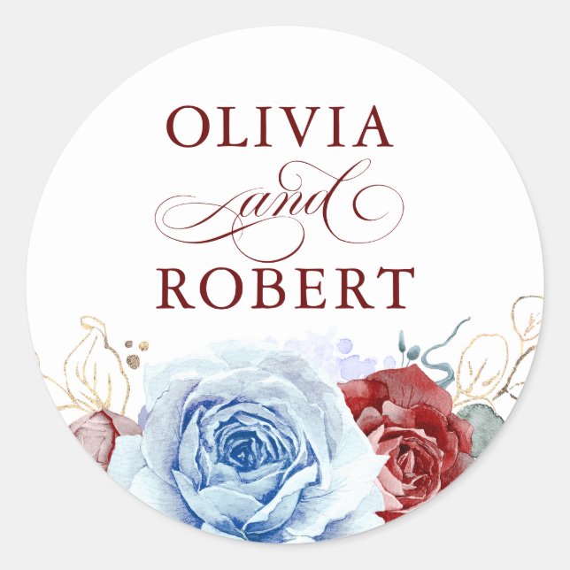 Dusty Blue and Red Wedding Modern Floral Boho Runder Aufkleber (Vorderseite)