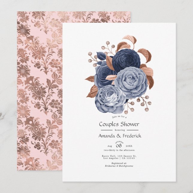 Dusty Blue and Rose Gold Floral Couples Dusche Einladung (Vorne/Hinten)