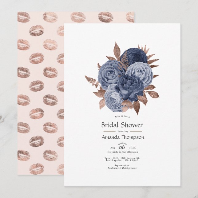 Dusty Blue and Rose Gold Floral Couples Dusche Einladung (Vorne/Hinten)