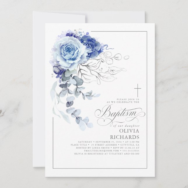 Dusty Blue and Silver Floral Elegant Baptism Einladung (Vorderseite)