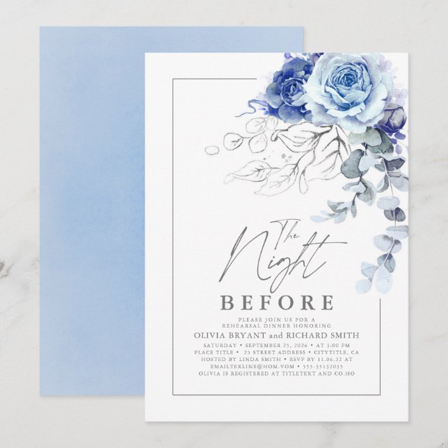 Dusty Blue and Silver Floral Rehearsal Dinner Einladung (Vorne/Hinten)