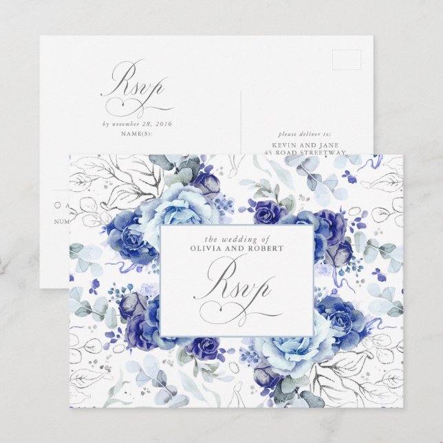 Dusty Blue and Silver Wedding RSVP Postcard Postkarte (Vorne/Hinten)
