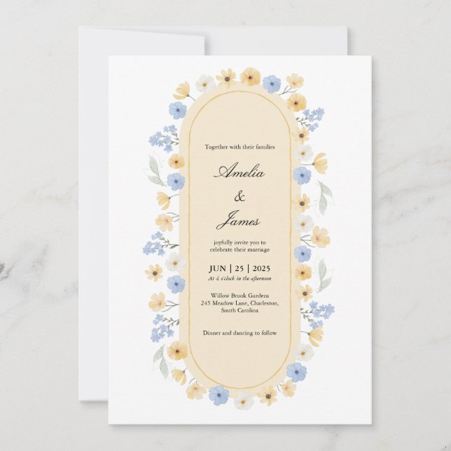 Dusty Blue and Yellow Wildflower Garden Wedding Einladung (Vorderseite)