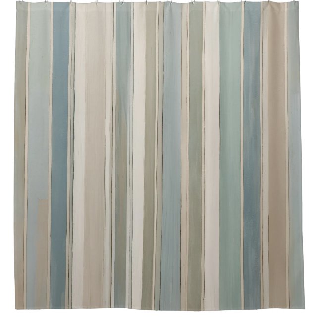 Dusty Blue Aquamarin Sage Beige Streifen Duschvorhang (Vorderseite)