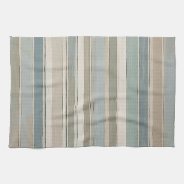Dusty Blue Aquamarin Sage Beige Streifen Geschirrtuch (Horizontal)