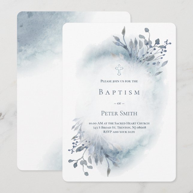 Dusty Blue Aquarell Baptism Baby Einladung (Vorne/Hinten)