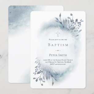 Dusty Blue Aquarell Baptism Baby Einladung