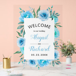 Dusty Blue Aquarell Blume Hochzeitsempfang Acrylschild