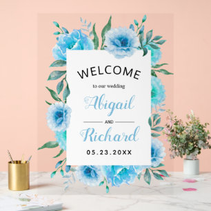 Dusty Blue Aquarell Blume Hochzeitsempfang Acrylschild