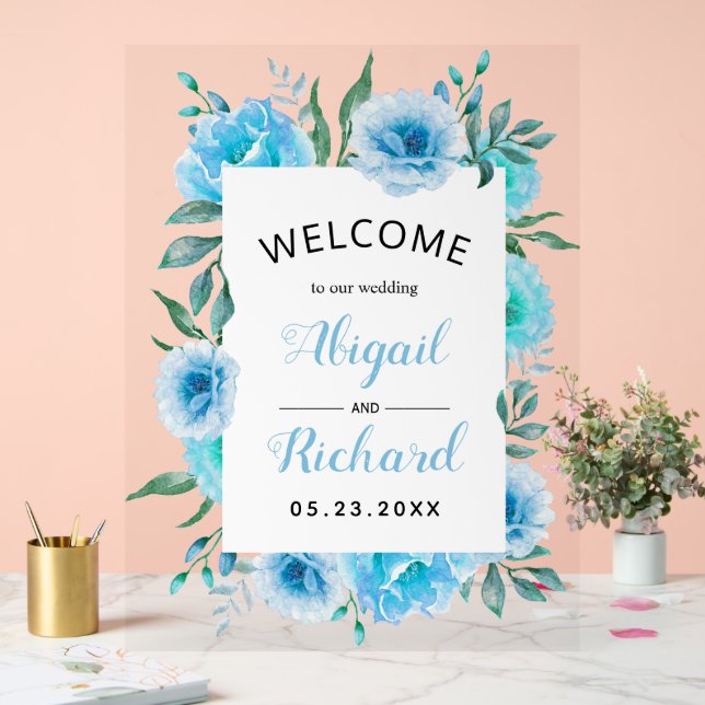Dusty Blue Aquarell Blume Hochzeitsempfang Acrylschild (Hochzeit)