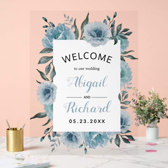 Dusty Blue Aquarell Blume Hochzeitsempfang Acrylschild (Hochzeit)