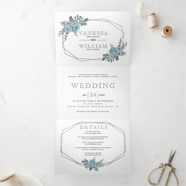 Dusty Blue Aquarell Blume Silber Hochzeit Dreifach Gefaltete Einladung (Innenseite)