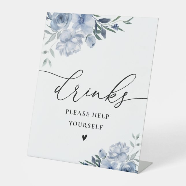 Dusty Blue Aquarell Blumen Drinks Zeichen Sockelschild (Vorderseite)