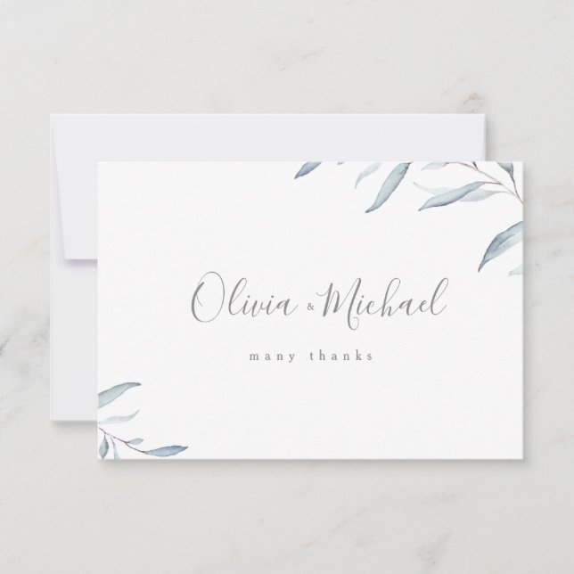Dusty Blue Aquarell Minimal grüne Hochzeit Dankeskarte (Vorderseite)