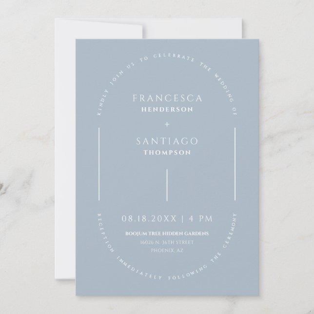 Dusty Blue Arch QR Code Boho Invitation de mariage (Devant)