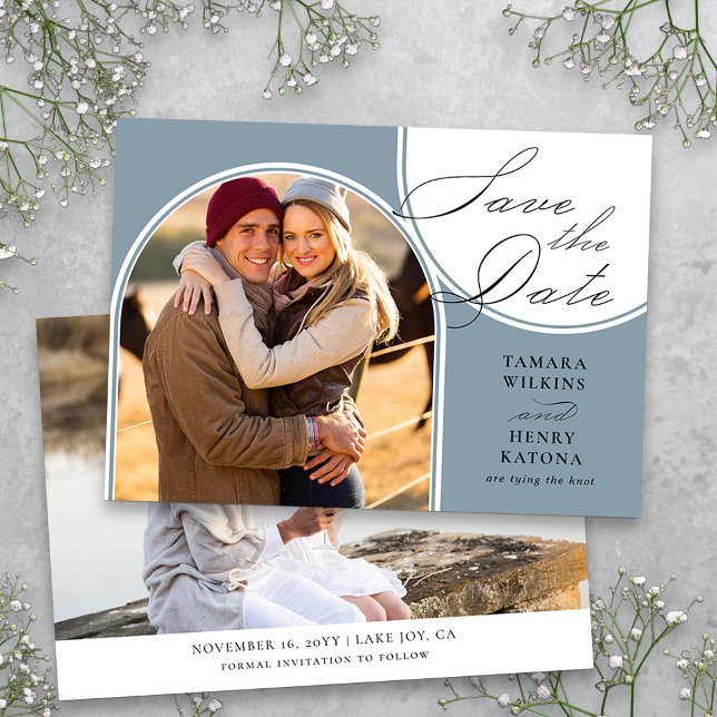 Dusty Blue Arched Foto Wedding Calligraphy Save The Date (Dusty Blue Photo Save the Date from my Wedding Colors Collection)