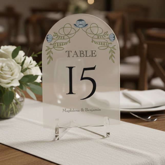 Dusty Blue Art Nouveau Floral Wedding Table Number Acryleinladungen (Von Creator hochgeladen)